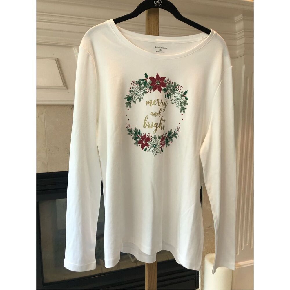 Studio Works Women’s White Long Sleeve “Merry and Bright” Festive Crew Neck Shir